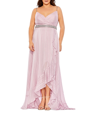 Mac Duggal Plus Crystal Embellished Striped Chiffon Gown In Rose