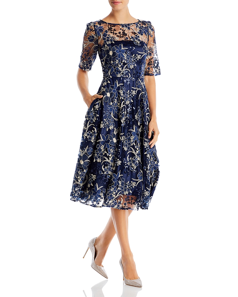 Eliza J Embroidered Sequin Midi Dress In Navy