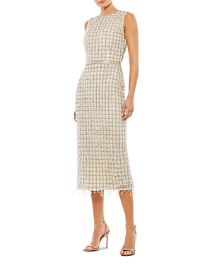 Mac Duggal Fringe Beaded Column Midi Dress In Nude