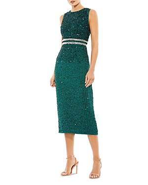 Mac Duggal Sleeveless High Neck Beaded Midi Sheath Dress In Deep Emerald