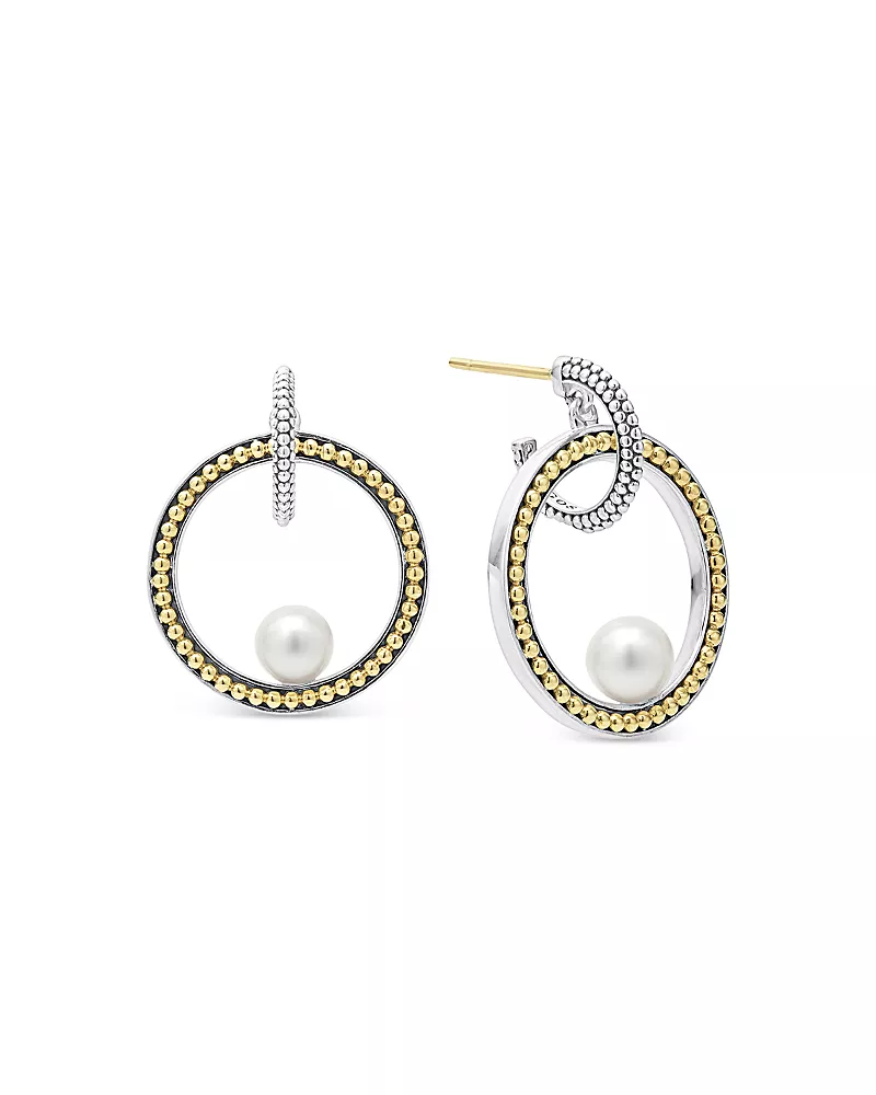 Lagos 18K Yellow Gold & Sterling Silver Luna Cultured Freshwater Pearl Interlocking Drop Hoop Earrings