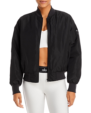 Shop Alo Yoga Faux Fur Lined Urbanite Bomber Jacket In Black/ivory