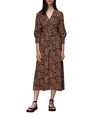 Shop Whistles Jungle Cheetah Shirred Midi Dress In Leopard Print
