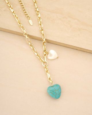 Turquoise & Mother of Pearl Heart 18K Gold Plated Lariat Necklace, 15"