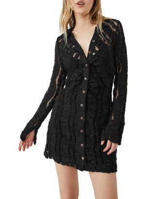 Free People Women's Shayla Long Sleeve Lace Mini Shirtdress Black Size Medium