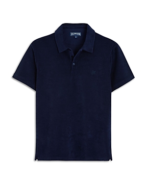 Shop Vilebrequin Organic Cotton Terry Logo Embroidered Regular Fit Polo Shirt In Navy