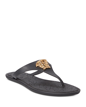 Shop Versace Women's Gomma Thong Slide Sandals In Black/ Gold