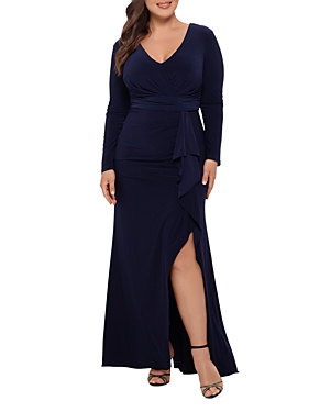Shop Betsy & Adam V-neck Cascading Ruffle Gown In Navy