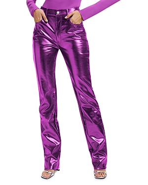 GOOD AMERICAN GOOD ICON HIGH RISE STRAIGHT FAUX LEATHER JEANS IN POWDER PURPLE METALLIC