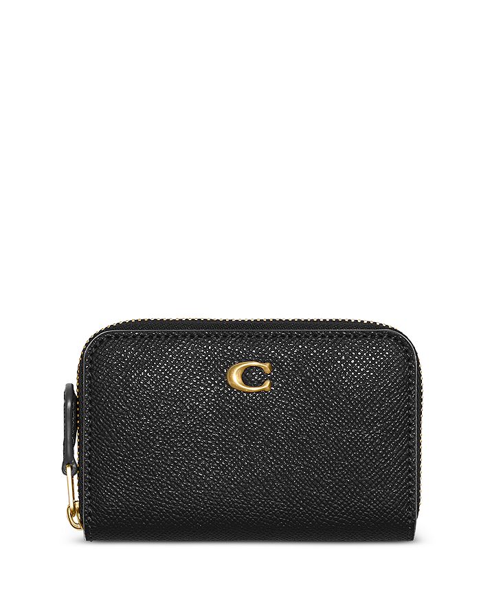 COACH Zip ID Card Case With Gold Chain Black Leather Mini Coin