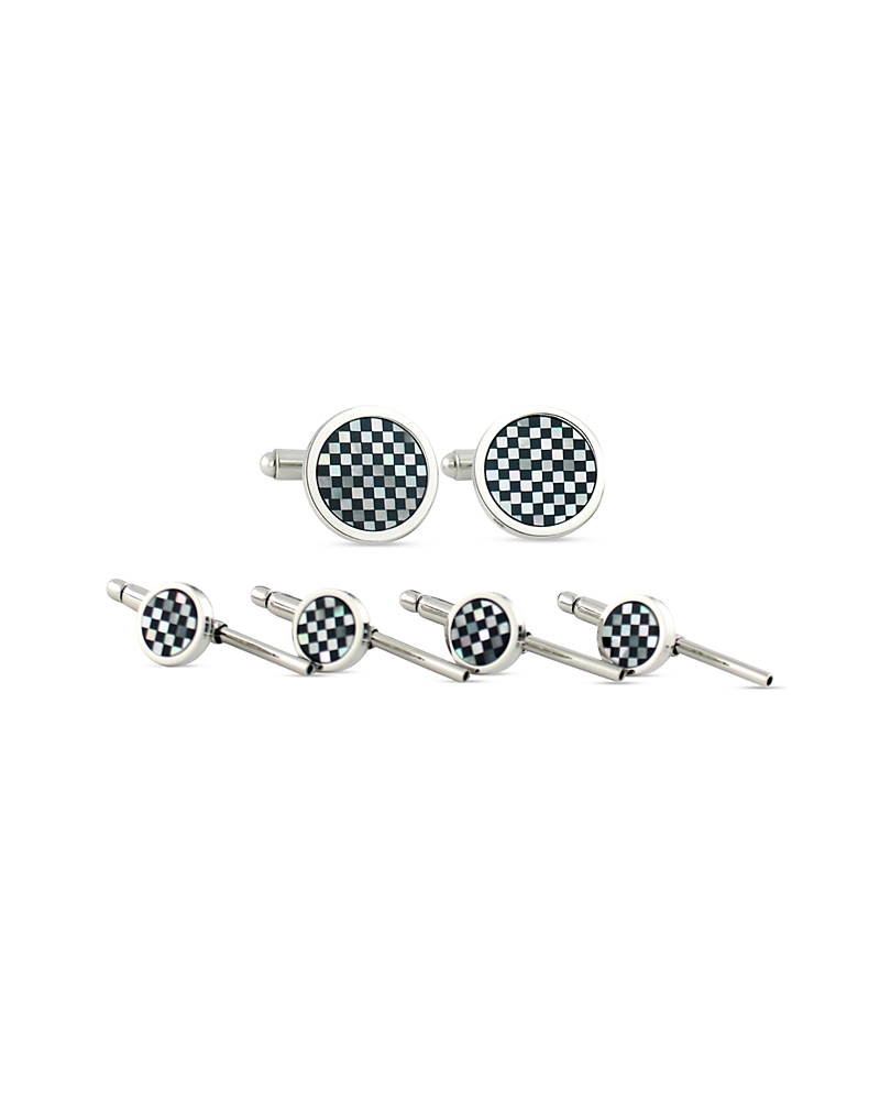 David Donahue Sterling Silver, Mother Of Pearl & Onyx Checkerboard Stud & Cufflink Set In Silver
