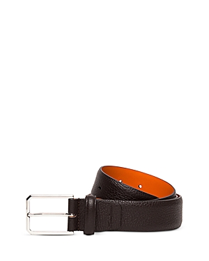 Santoni Men's Rectangle Buckle Grained Leather Belt In Dark Brown