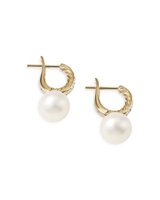 18K Yellow Gold Cultured Freshwater Pearl & Diamond Dangle Hoop Earrings