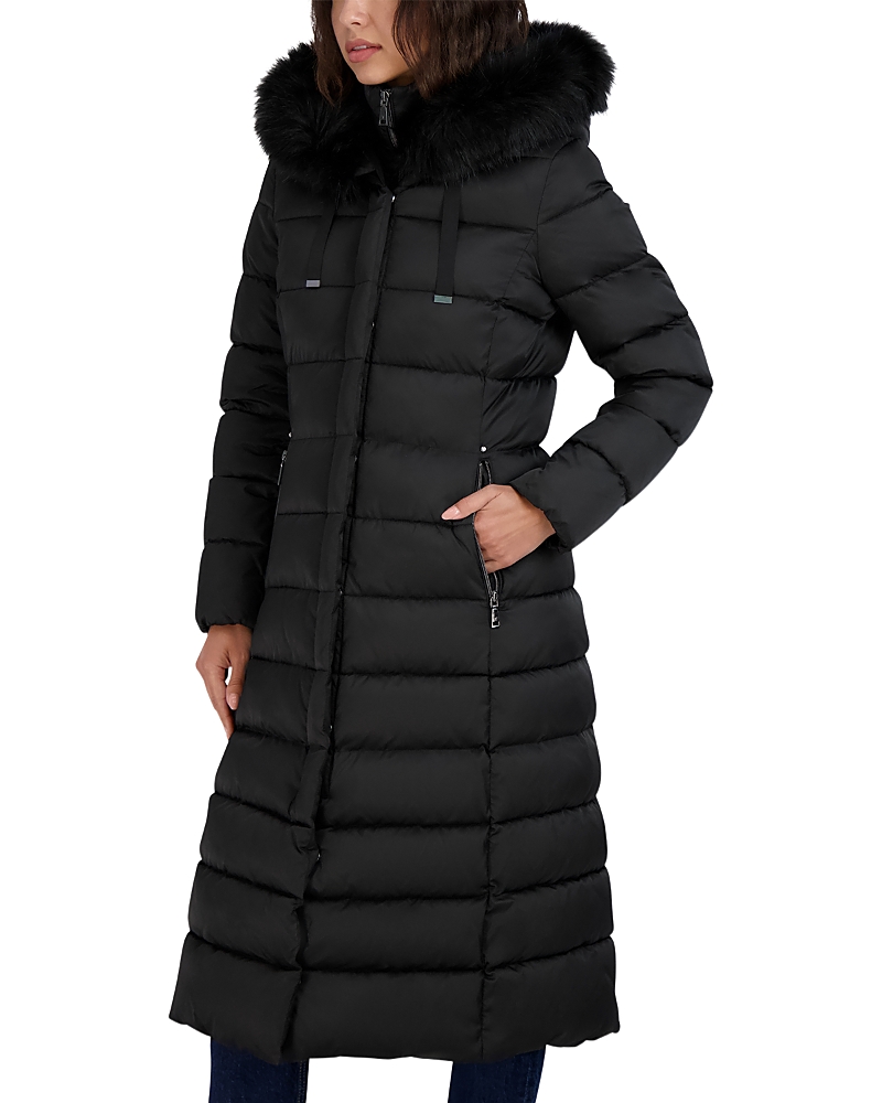 Tahari Womens Maxi Shine Bibbed Faux-fur-trimmed Hooded Puffer Coat In Black