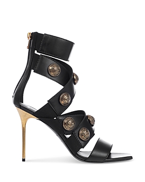 Balmain Women's Square Toe Logo Accent Strappy High Heel Sandals In Black/gold