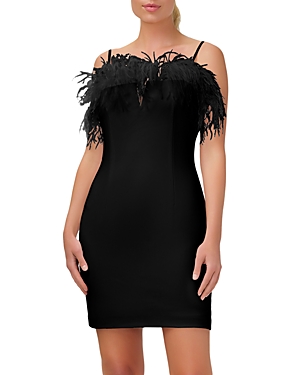 Aidan Mattox Aidan By  Feather Trim Sheath Mini Dress In Black