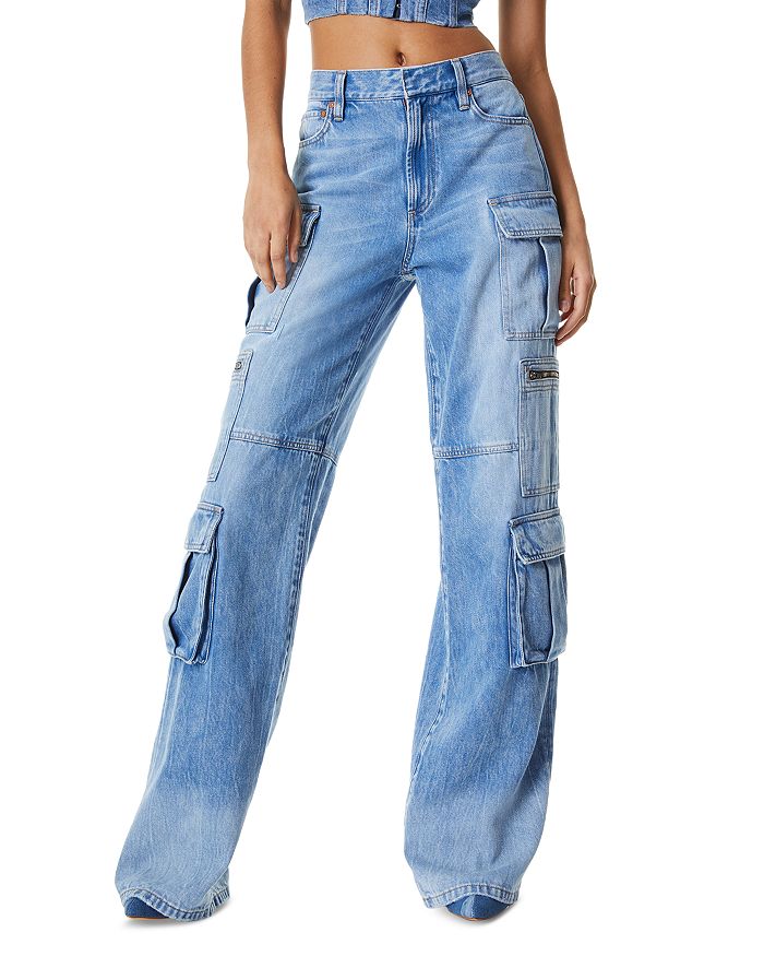 Alice and Olivia Cay High Rise Cargo Wide Leg Jeans in Brea Blue