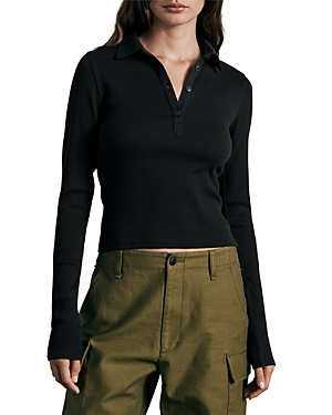 Rag & Bone Collared Long Sleeve Polo Top In Black
