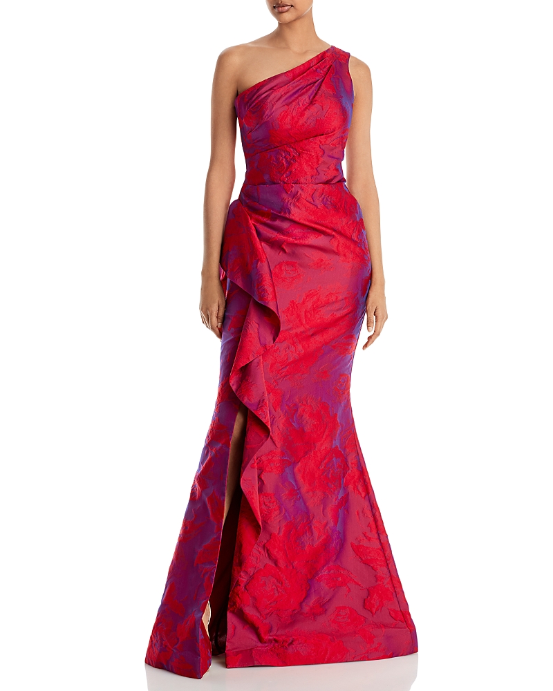 Teri Jon Jacquard One-shoulder Ruched Gown In Fuschia