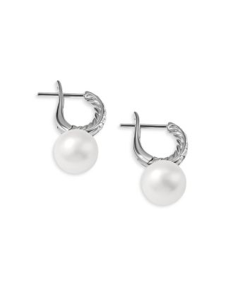 Sterling Silver Pearl Cultured Freshwater Pearl & Diamond Dangle Huggie Hoop Earrings