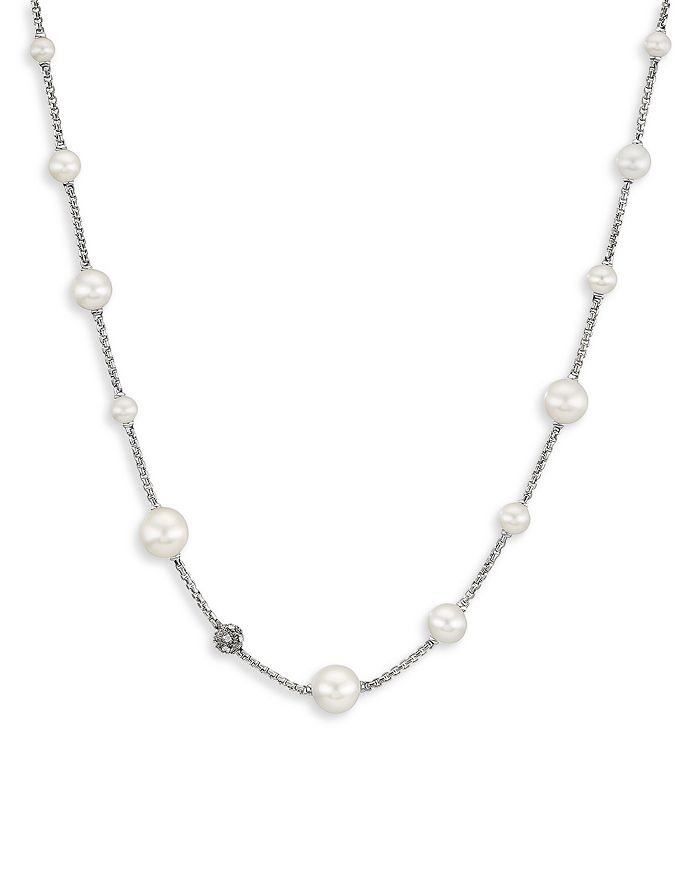 David Yurman - Sterling Silver Cultured Freshwater Pearl & Diamond Pav&eacute; Station Necklace, 16-18"