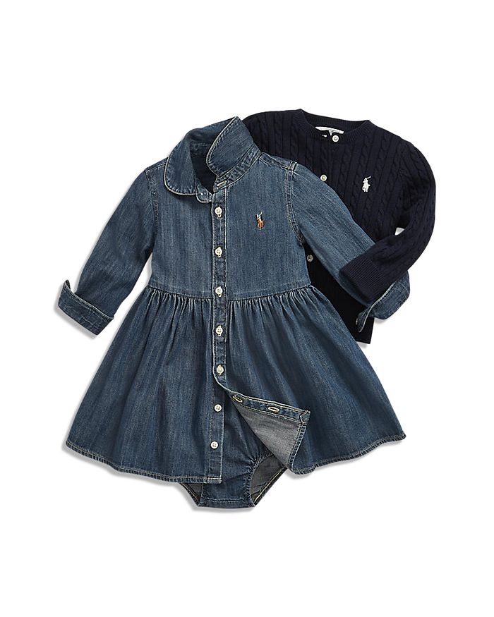 Ralph Lauren - Girls' Long Sleeve Denim Dress & Bloomers Set & Cable Knit Cardigan - Baby
