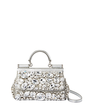 Dolce & Gabbana Small Sicily Bag With All Over Gemstone Embellishment In Silver