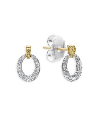 Sterling Silver & 18K Gold Caviar Lux Diamond Oval Drop Earrings 