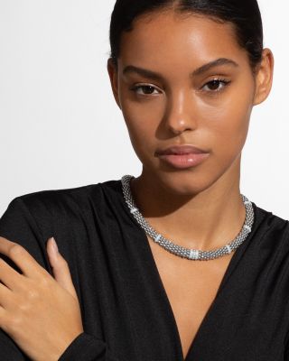 Ceramic & Sterling Silver White Caviar Diamond Station Necklace, 18"