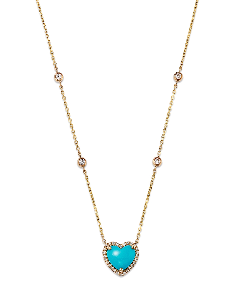 Bloomingdale's Turquoise & Diamond Heart Pendant Necklace In 14k Yellow Gold, 16-18 - Exclusive In Blue/gold