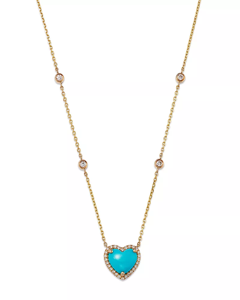 Bloomingdale's Fine Collection Turquoise & Diamond Heart Pendant Necklace in 14K Yellow Gold, 16