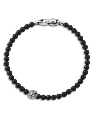Men's Sterling Silver Memento Mori Onyx & Diamond Skull Bead Bracelet