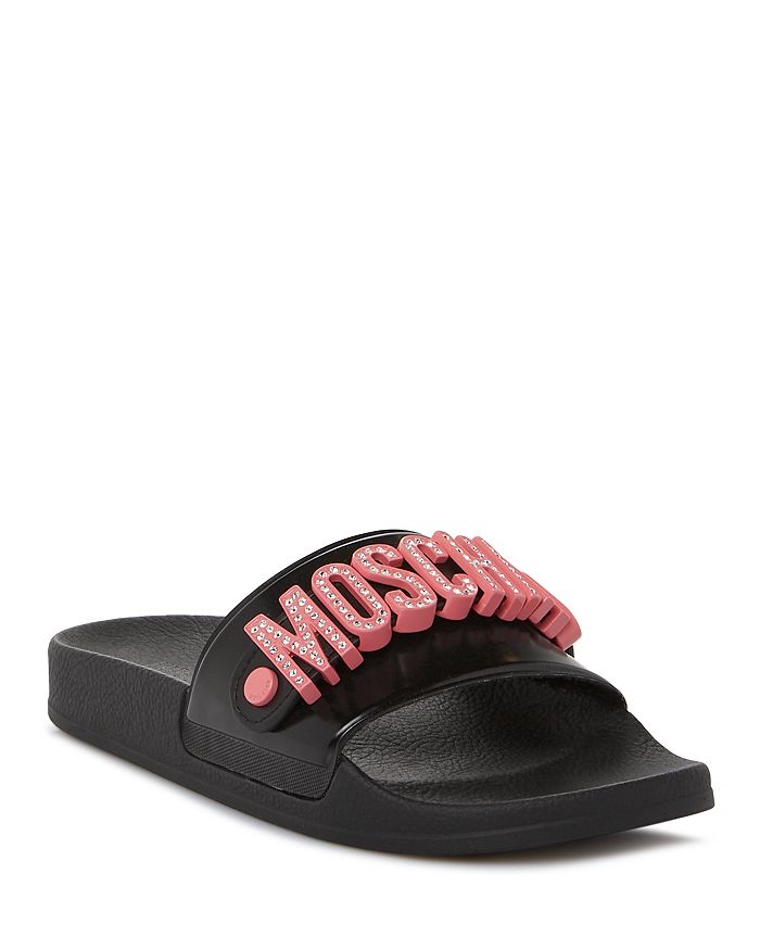 Moschino Women's Rhinestone Logo Slides - White - Flat Sandals - 38