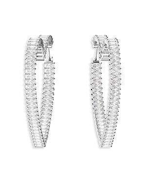 Shop Swarovski Matrix Baguette Crystal Heart Hoop Earrings In Rhodium Plated In Silver