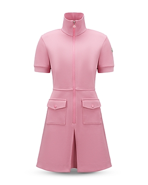 Shop Moncler Zip Front Short Sleeve Dress In Light Pink