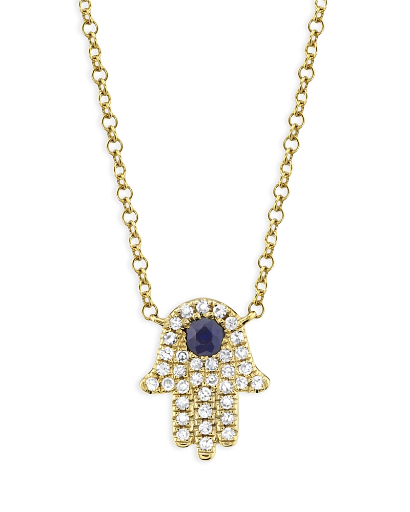 Moon & Meadow 14k Yellow Gold Hamsa Pendant Necklace With Diamonds & Blue Sapphire, 18 - Exclusive In Gold/blue