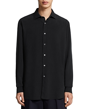 Shop Zegna Garment Dyed Pure Silk Long Sleeve Shirt In Dark Blue