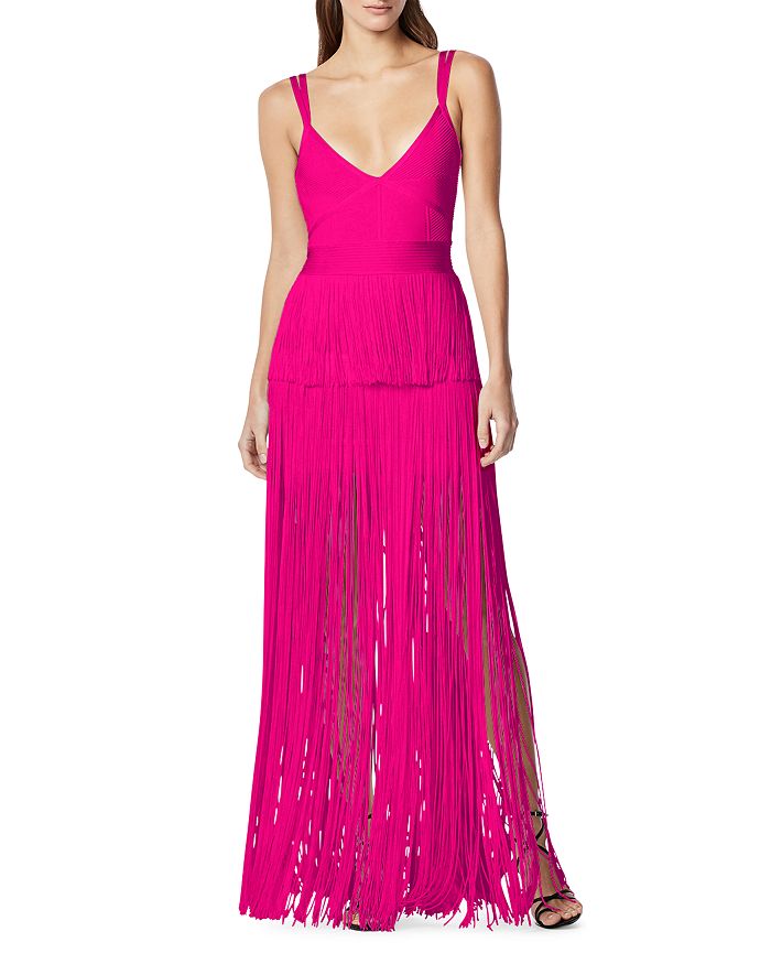 HERVE LEGER STRAPPY OTTOMAN FRINGE GOWN
