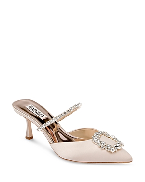 Badgley Mischka Flutter Buckle Embellished Pointed Mules In Nude Satin