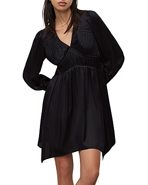 Allsaints Esta Long Sleeve Asymmetric Hem Dress In Black