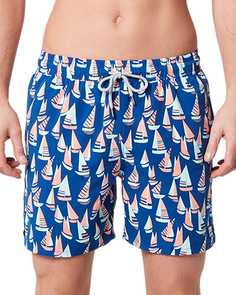 Tom & Teddy Boat Print Swim Trunks In Blue