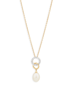 Bloomingdale's Cultured Freshwater Pearl & Diamond Circle Pendant Necklace In 14k Yellow Gold, 14-18- 100% Exclusiv In White/gold