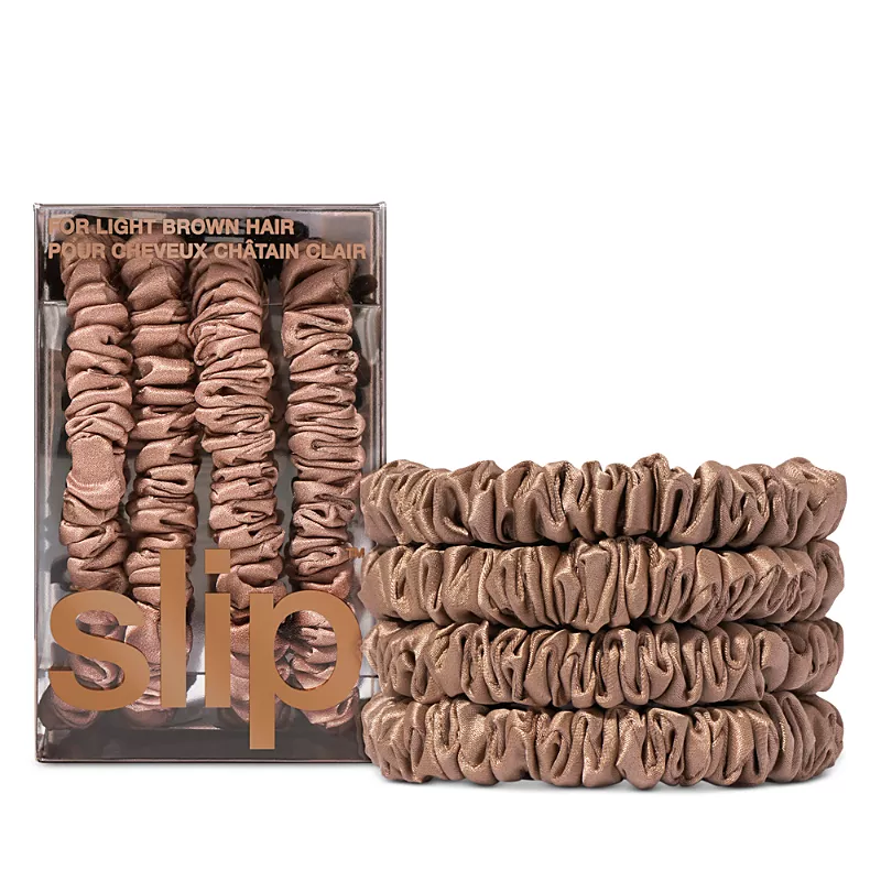 slip Pure Silk Back to Basics Skinny Scrunchies in Light Brown, Set of 4