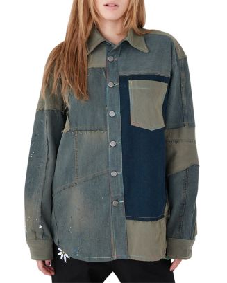 Long-Sleeve Shirt with Denim Patchwork