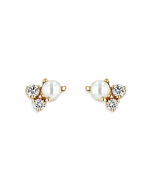 Shop Zoë Chicco 14k Yellow Gold Cultured Freshwater Pearl & Diamond Cluster Stud Earrings In White/gold