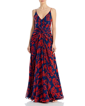 Andres Otalora Printed Chiffon Tie Back Gown In Navy Native Symbols Print