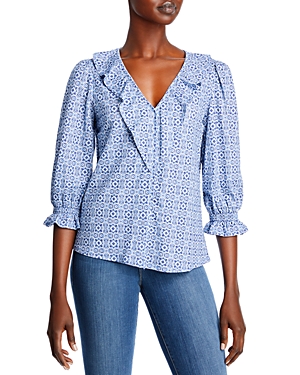 B Collection By Bobeau Printed Flounce Sleeve Top In Blue Tile