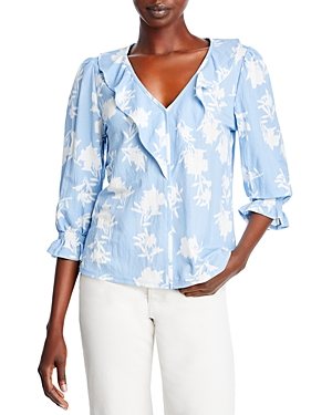 B Collection By Bobeau Printed Flounce Sleeve Top In Light Blue