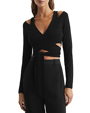 Reiss Womens Black Camille Tie-front Stretch-woven Top In Black