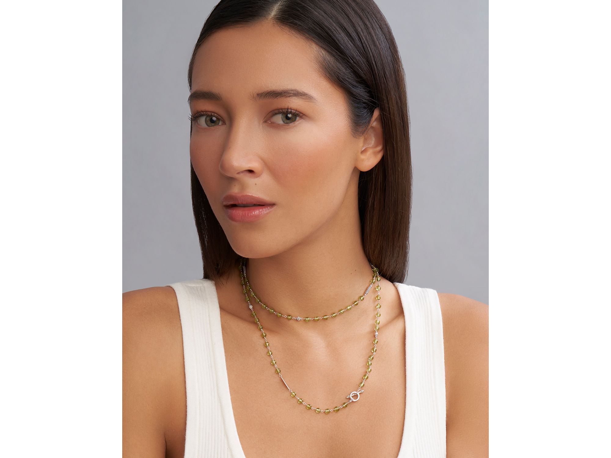Sterling Silver Caviar Peridot Bead Station Necklace, 34" — Image 3